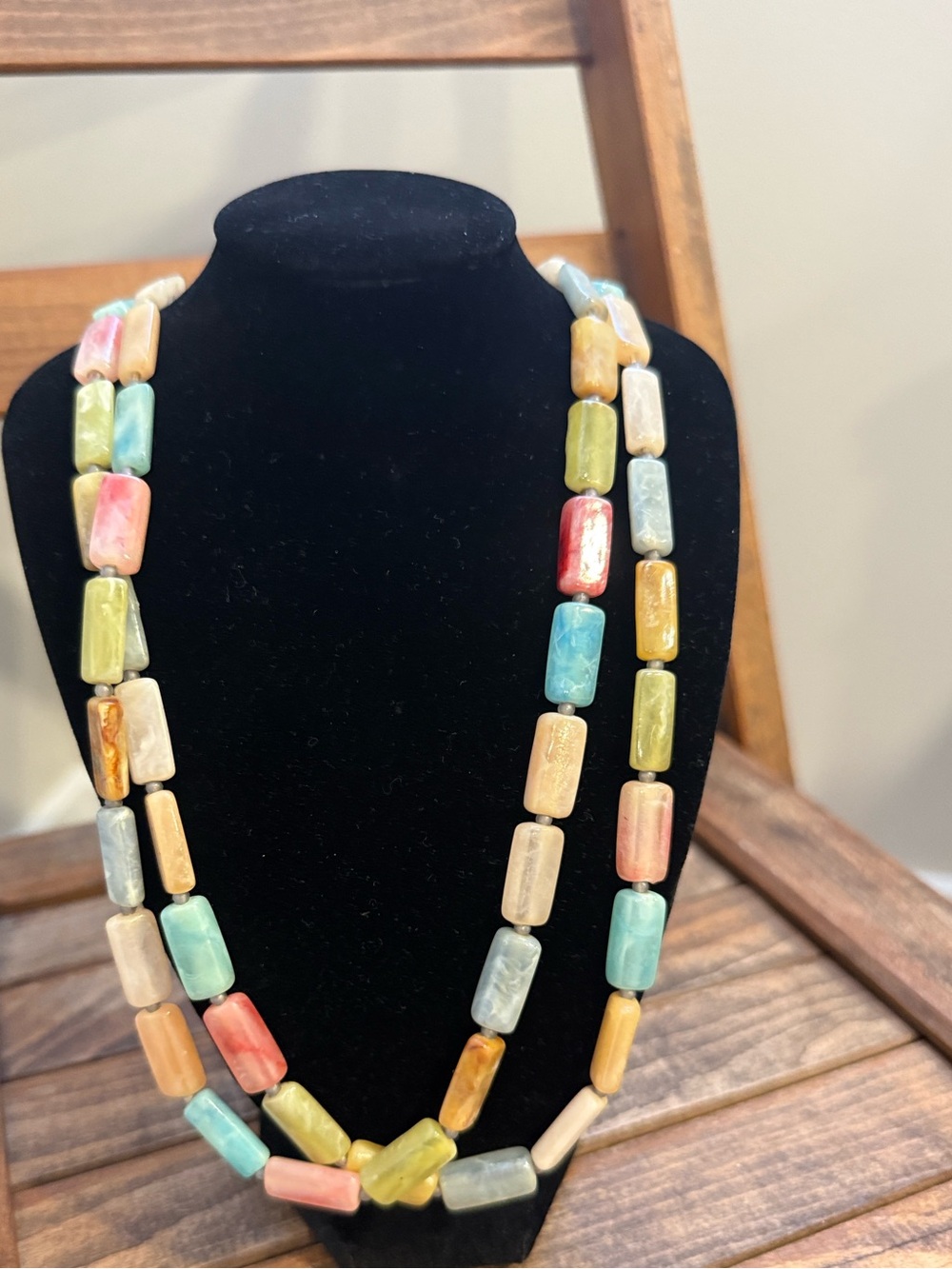 Vintage 48” Long Multicolor Pastel Beaded Double-Strand Necklace